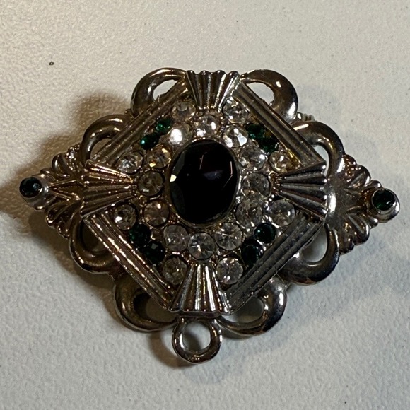 Vintage Style Silver Tone Brooch with Black and Clear Rhinestones - Picture 1 of 3